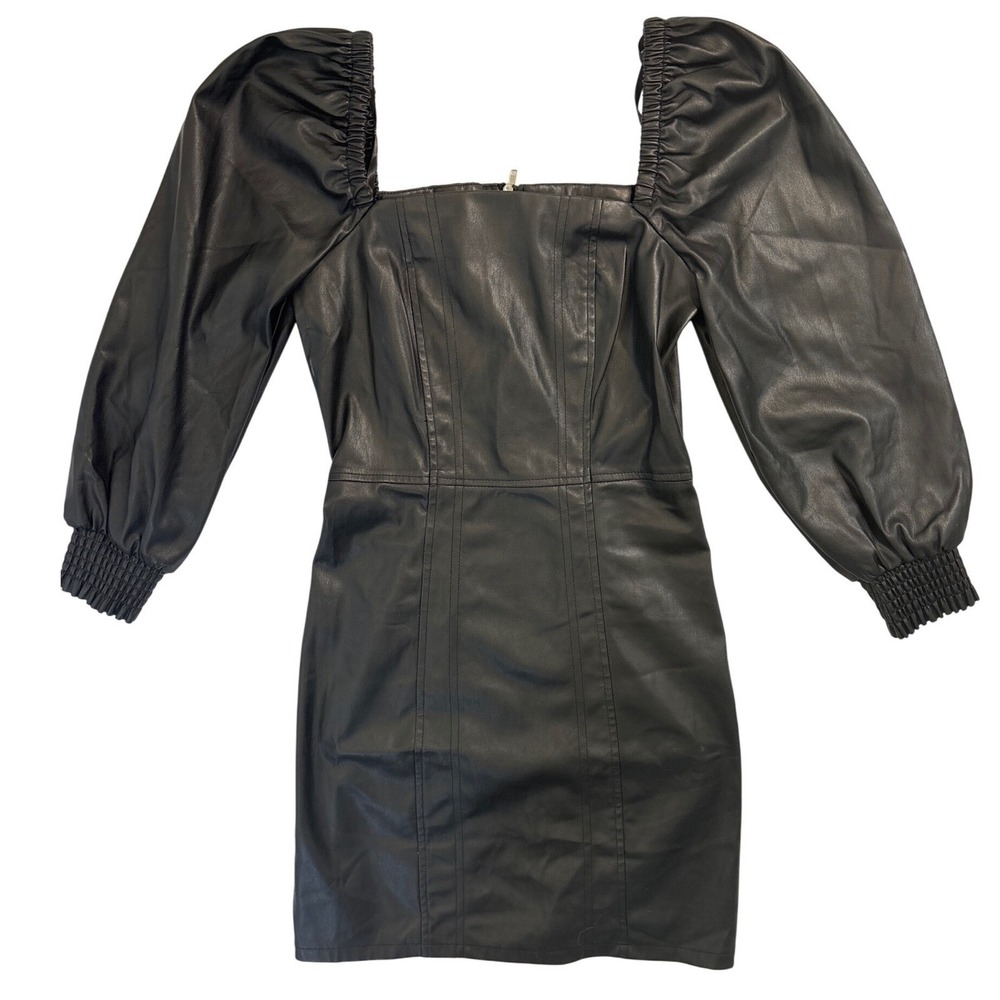 7 For All Mankind Womens Black Faux Leather Puff‎ Sleeve Mini Dress XS Y2K 81380